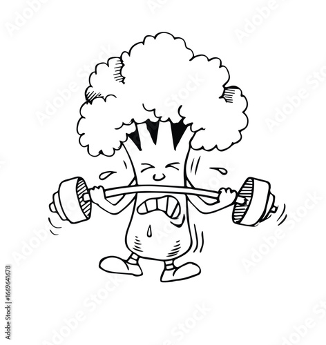Cartoon cute vegetable broccoli workout with dumbbells.