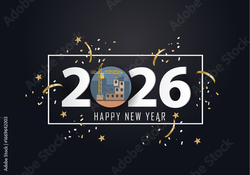 Happy new year 2026. Year 2026 with Building, house construction icon
