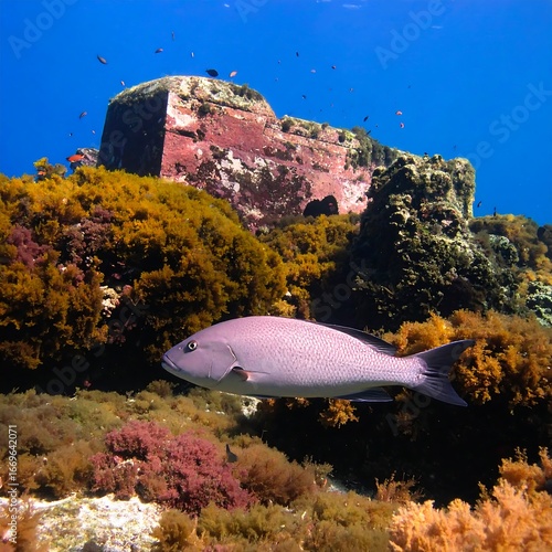 Underwater scene with fish and coral reef