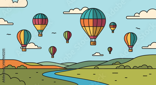 A colorful hot air balloon festival floats over rolling green hills and a winding blue river, under a bright sky with scattered clouds.