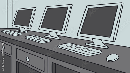 Three Desktops with Keyboards and Mouse on a Dark Wooden Desk.