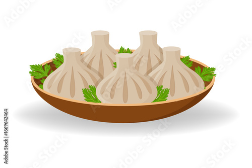 Khinkali Served on Plate as Traditional Dish of Georgia Country Vector Illustration