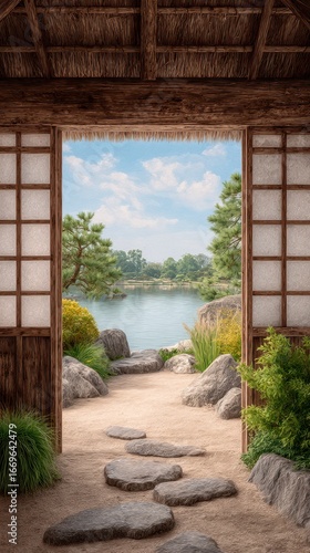 Serene Japanese Garden View Through Wooden Shoji Doors