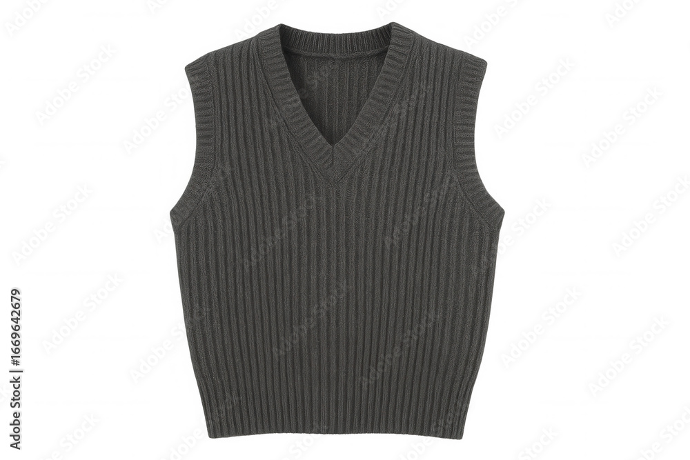 Studio shot of a dark grey ribbed sleeveless sweater with v-neck, isolated on transparent background, perfect for fashion projects