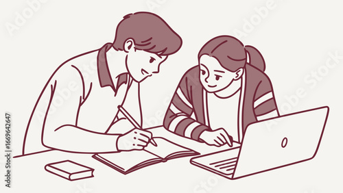 Two People Studying Together with Laptop and Notebook.