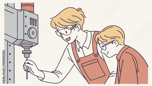 Two People Working with Industrial Drill Press.