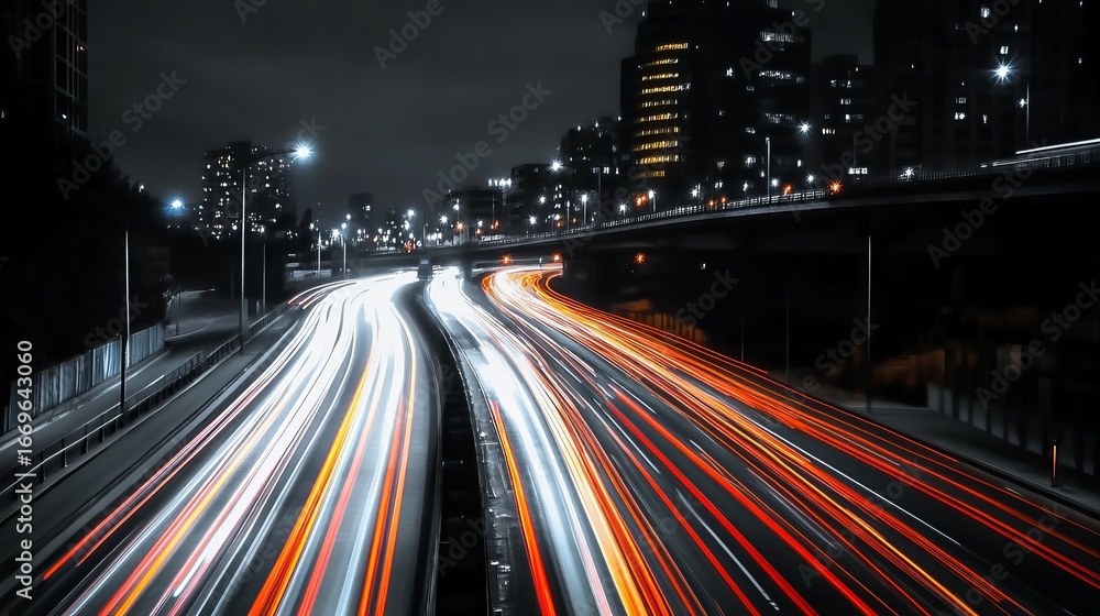 Fototapeta premium Night city highway with blurred car lights