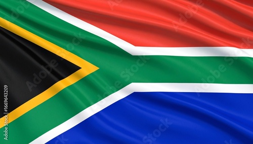 Realistic digital art of South Africa’s flag, six-color design with green Y-shape, bold and symbolic composition