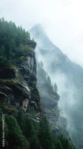 Misty mountainside with dense forest