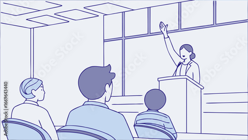 Woman giving presentation at podium audience listening attentively.