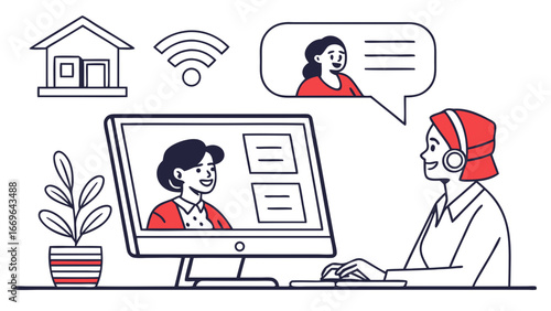 Woman in a Virtual Meeting with Headset and Computer.