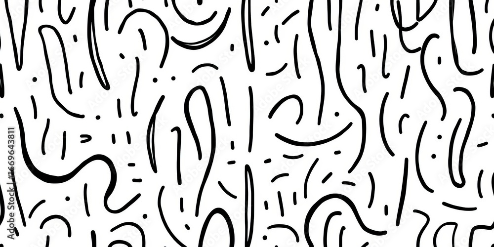 Fun black & white squiggle line doodle seamless pattern Childish scribble background for trendy design & wallpaper, fun, seamless