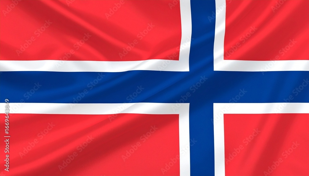 Obraz premium Realistic digital art of Norway’s flag, red field with blue cross outlined in white, Nordic design, bold and symbolic.