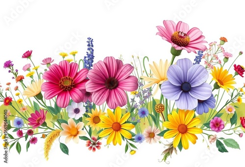 Horizontal floral border with blooming wildflowers, modern botanical design , floral border,  botanical