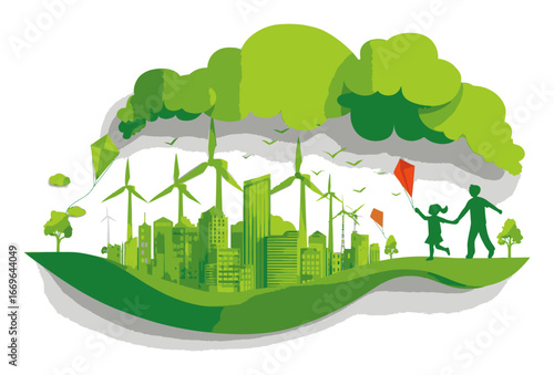 Eco-Friendly City Illustration with Wind Turbines and Children Playing