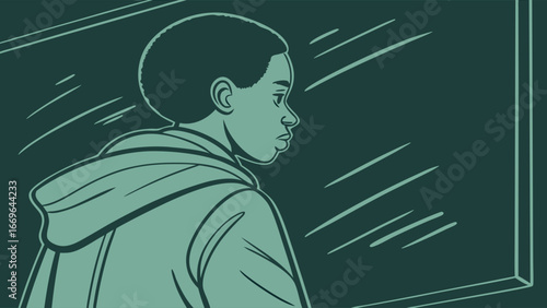 Young Person Gazing Out Window with Hooded Jacket Illustration.