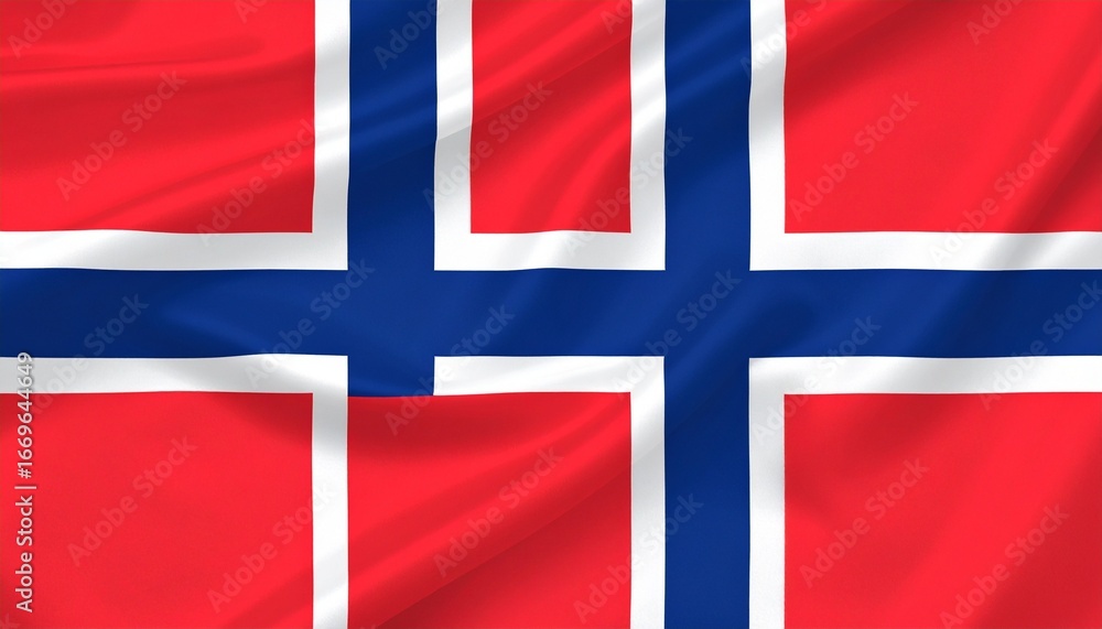 Fototapeta premium Realistic digital art of Norway’s flag, red field with blue cross outlined in white, Nordic design, bold and symbolic.