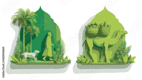 Serene Landscape with Walker and Camel in Vibrant Green Illustration