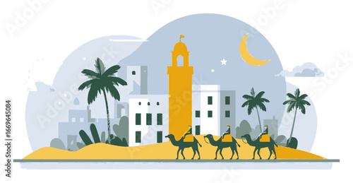 Desert Landscape with Camels and Palm Trees in Flat Cartoon Style