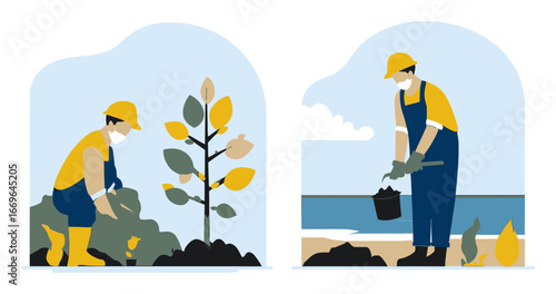 Person Planting Tree in Flat Cartoon Style with Nature Elements