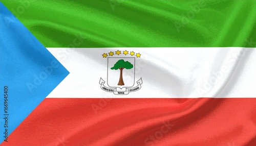 Realistic digital art of Equatorial Guinea’s flag, green-white-red stripes, blue triangle, detailed coat of arms with silk-cotton tree and motto.