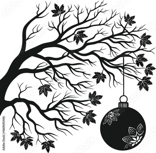 A stylized black and white decoration for a Christmas tree, featuring a swirling floral pattern of branches and leaves