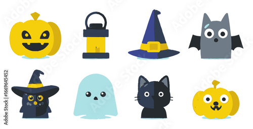 Flat Cartoon Style Halloween Characters and Objects for Fun Designs