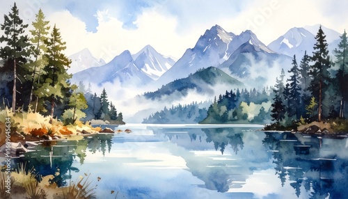 A serene and beautiful watercolor painting of a misty lake surrounded by majestic mountains and tall evergreen trees, reflecting a calm and peaceful landscape