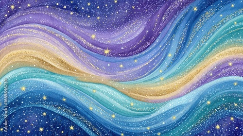 Abstract Watercolor Galaxy Swirling Blue Purple Gold Waves with Stars