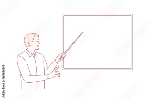 Education and white blackboard concept. Young smiling man teacher lecturer standing pointing with stick to white mockup copy space blackboard vector illustration