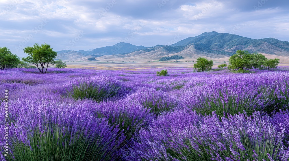 Obraz premium Purple Lavender Field Under Partly Cloudy Sky