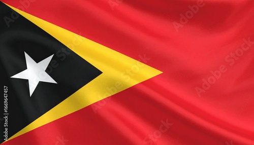 Flag of Timor-Leste with red field, black and yellow triangles, and white star symbolizing hope.