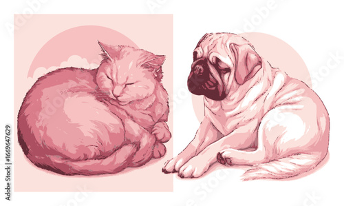 Cute Cat and Dog in Pink Tones, Cartoon Style Illustration