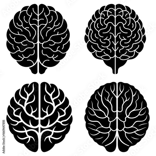 Four stylized brain illustrations arranged in a square pattern on a white background showing intelligence 100