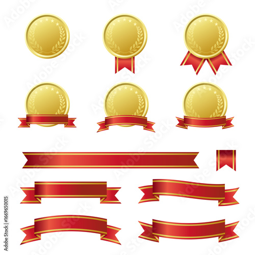 メダルと赤いリボンのイラストセット。金のラインの入った赤いリボン。