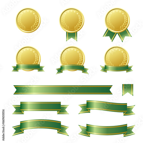 メダルと緑のリボンのイラストセット