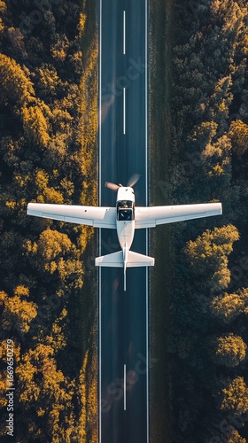 Aerial view of a small plane flying over a road amidst trees