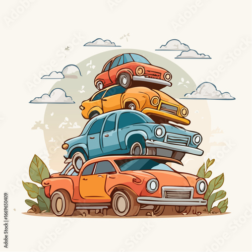 Stacked cars in a junkyard create a colorful scrap heap landscape