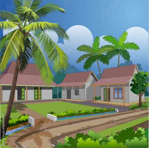 Village atmosphere on the island of Java, vector illustration.