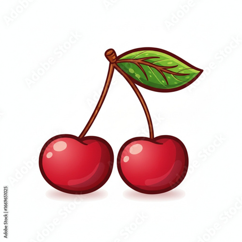 Delicious cherries with a green leaf. Simple and sweet red fruit design for various applications
