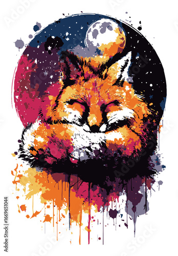 Abstract Illustration of a Fox with Moon and Colorful Background