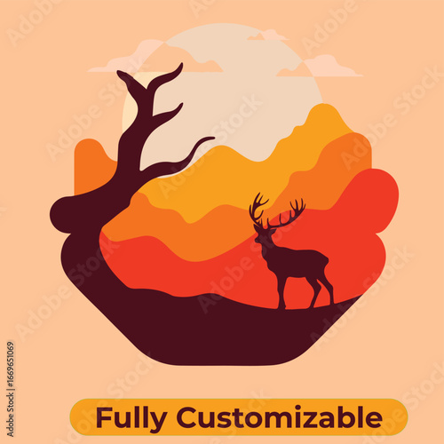 Silhouette of a majestic deer in a vibrant mountain landscape with a minimalist aesthetic and warm color palette at sunset with customizable options
