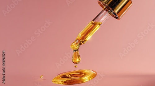 Wallpaper Mural Golden serum drips from dropper onto a pink surface Torontodigital.ca