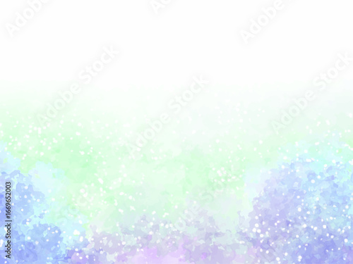 梅雨時のアジサイやネモフィラなど、淡い紫色や水色のお花イメージの背景素材。水彩風テクスチャー。筆のタッチ。水彩の柔らかなにじみ。キラキラした光。水滴の輝き。しっとり感。