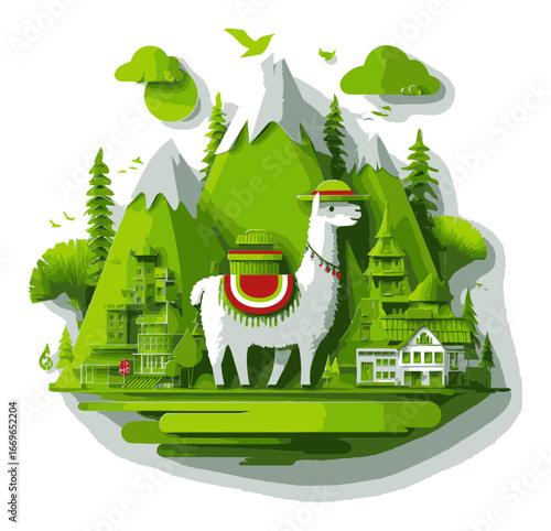 Llama Illustration in Green Landscape with Mountains and Trees