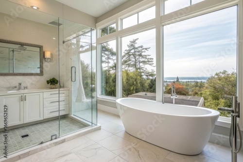 Luxurious modern bathroom with freestanding soaking tub and large windows overlooking a scenic ocean view