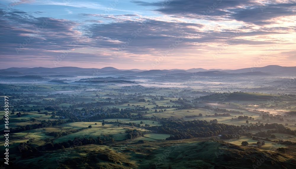 Obraz premium Misty valley at dawn, panoramic view