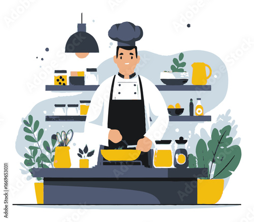 Cartoon Chef Cooking in a Colorful Kitchen with Modern Utensils