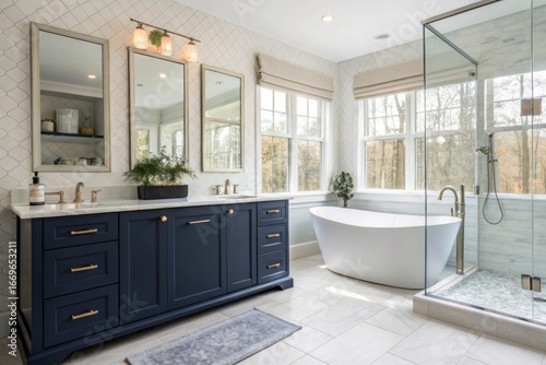 Elegant modern bathroom with a freestanding bathtub spacious vanity and glass enclosed shower