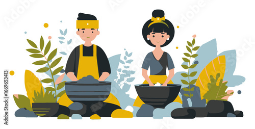 Flat Cartoon Style Characters Working with Plants and Stones in Bowls
